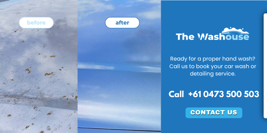 Before and after exterior polish result on a blue car at The Washouse Rouse Hill